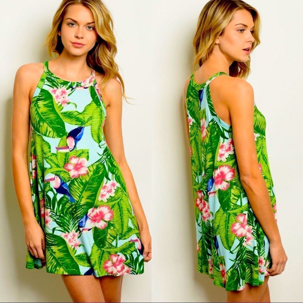Sweet Claire Tropical Floral Toucan Dress size M